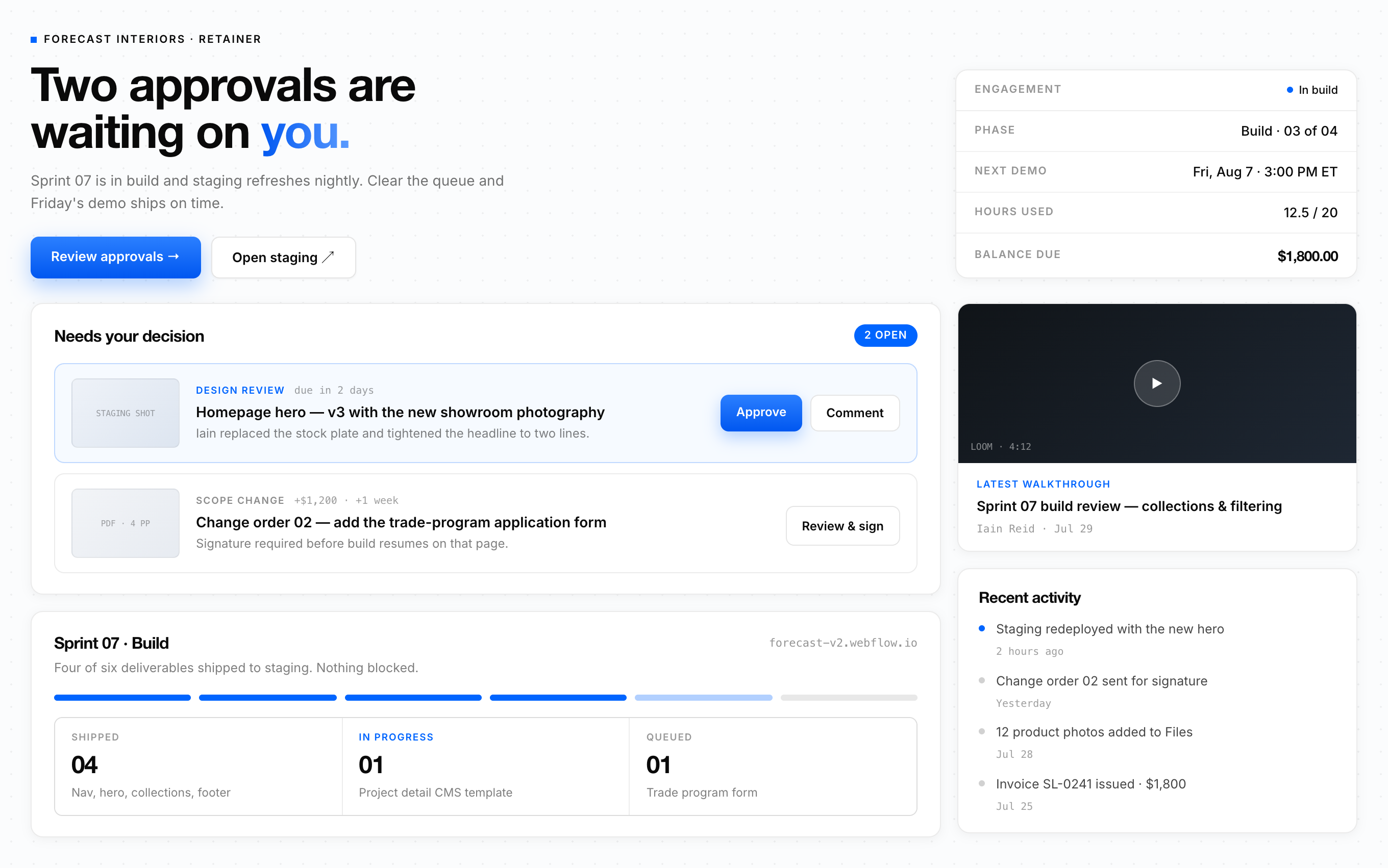 Stacklumen portal dashboard showing pending approvals, sprint progress and recent project activity