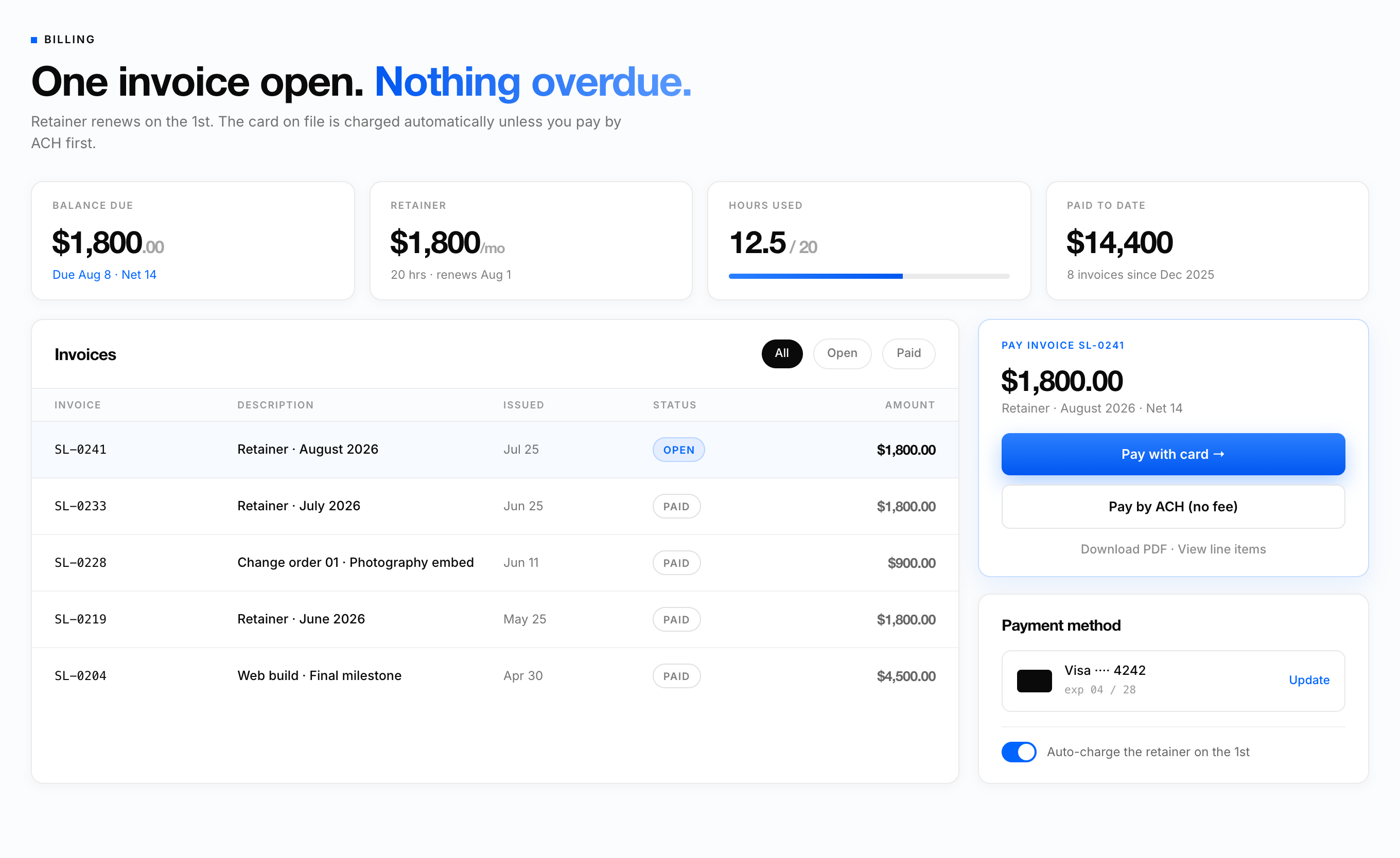 Stacklumen portal billing screen with retainer balance, invoice history and card or ACH payment options