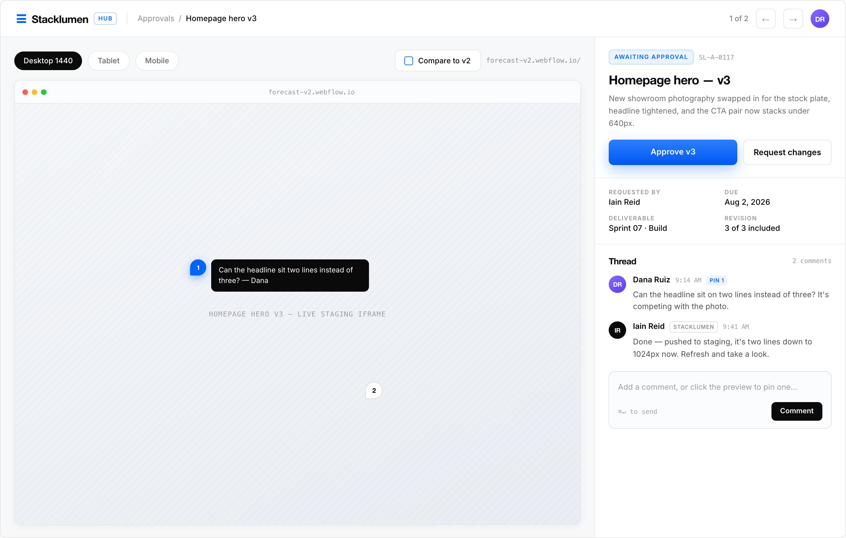 Stacklumen portal approval screen with a live staging preview, pinned comments and approve or request changes actions