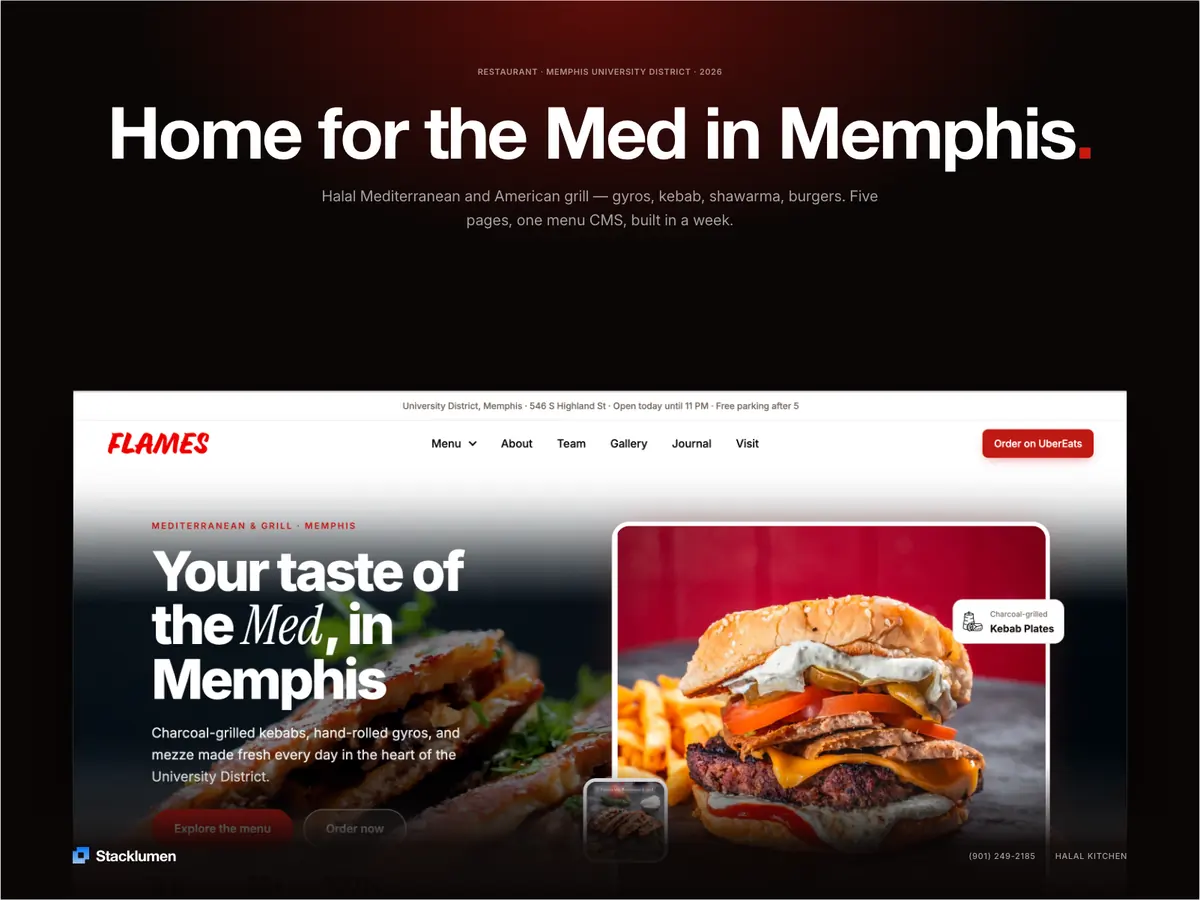 Flames website in dark theme