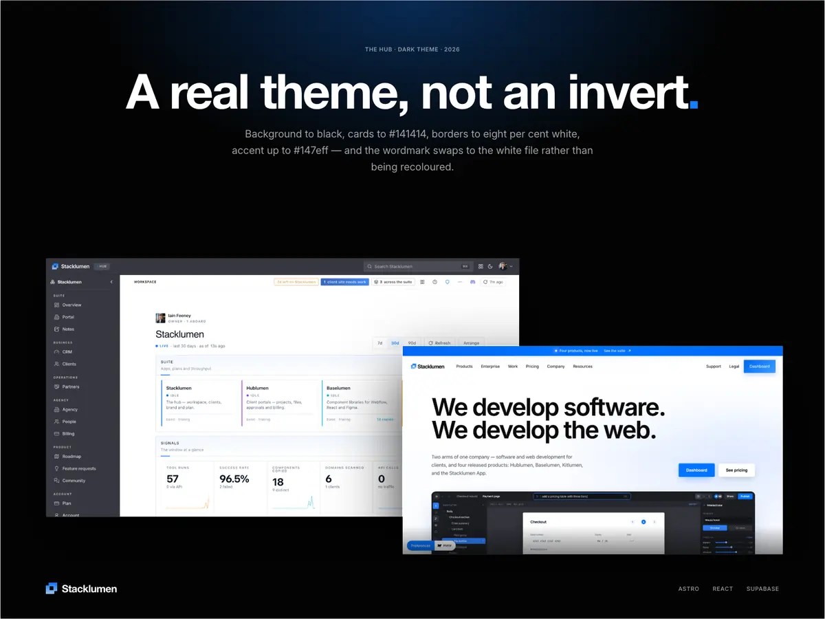 Stacklumen Hub in dark theme