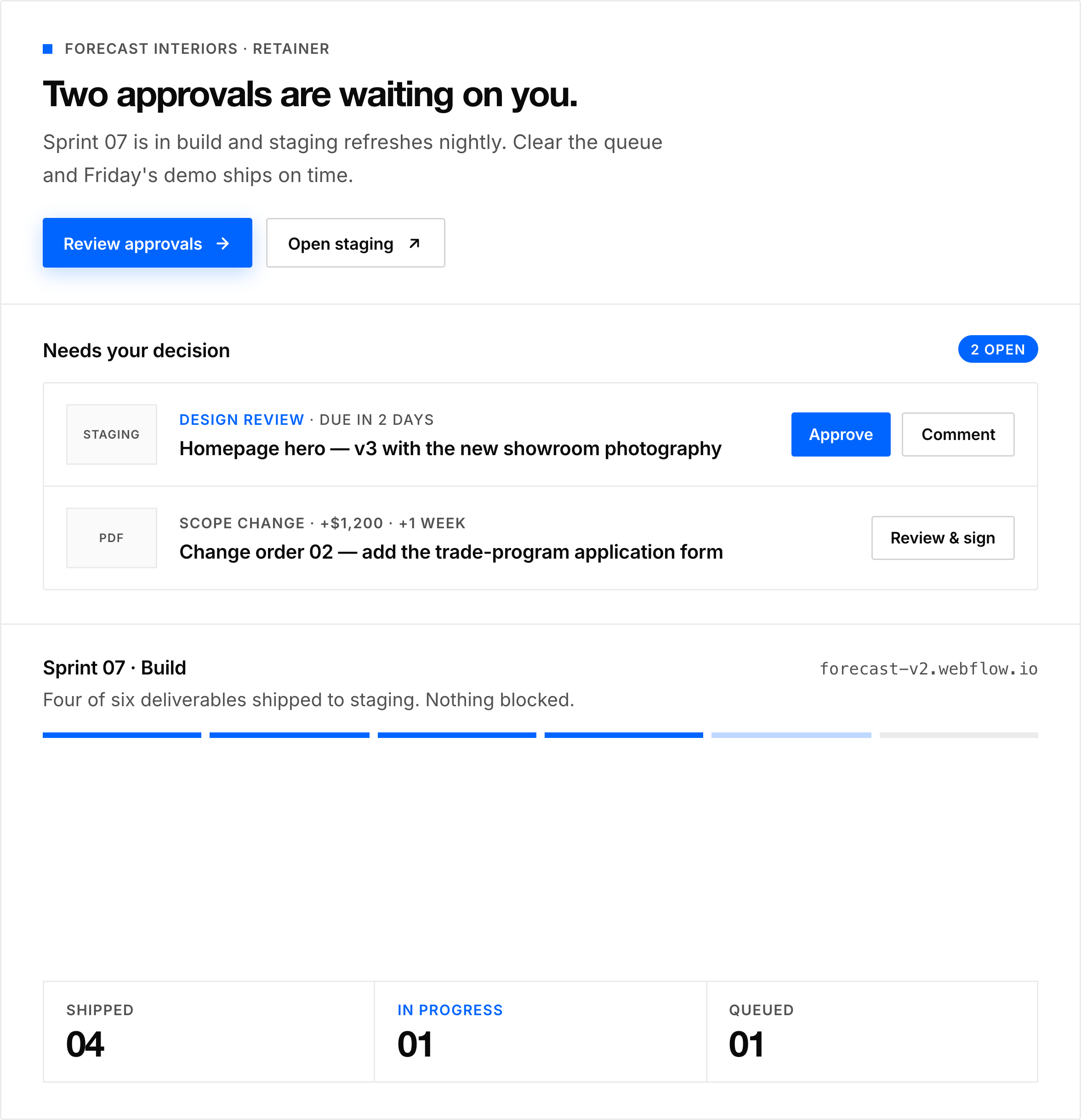 Client portal showing two approvals waiting for review