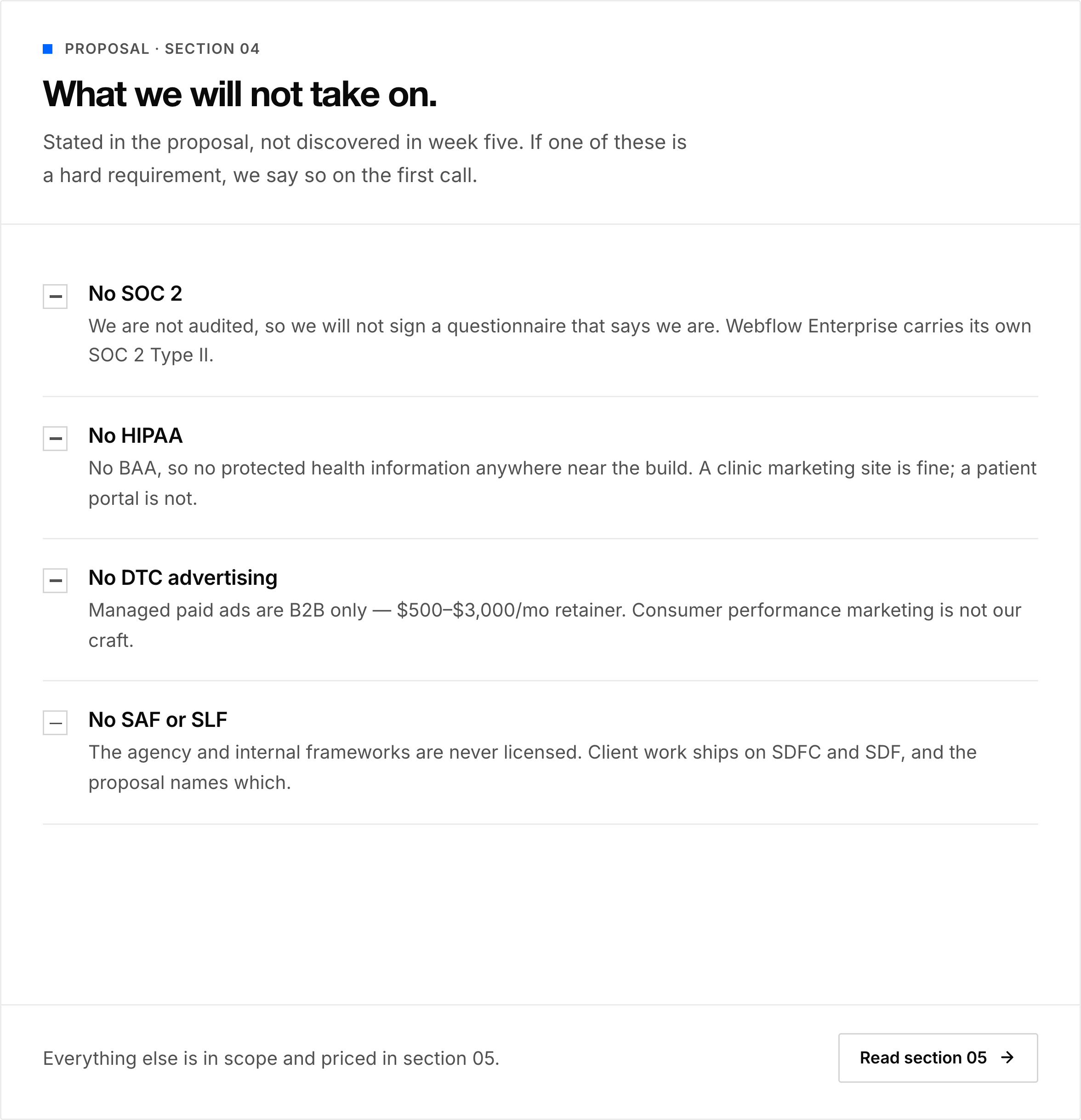 Proposal section listing work that is deliberately out of scope