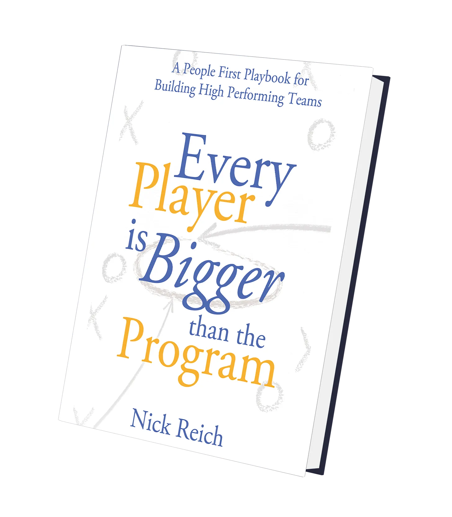 Book cover titled 'Every Player is Bigger than the Program' by Nick Reich, with subtitle 'A People First Playbook for Building High Performing Teams' featuring playbook-style X and O diagrams.