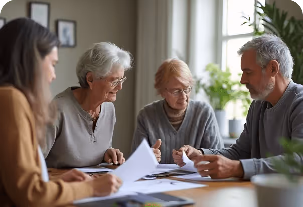Quatre adultes concentrés travaillant ensemble autour d'une table avec des documents.