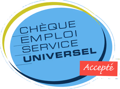 Logo bleu circulaire avec texte Chèque Emploi Service Universel et un encadré rouge indiquant Accepté.