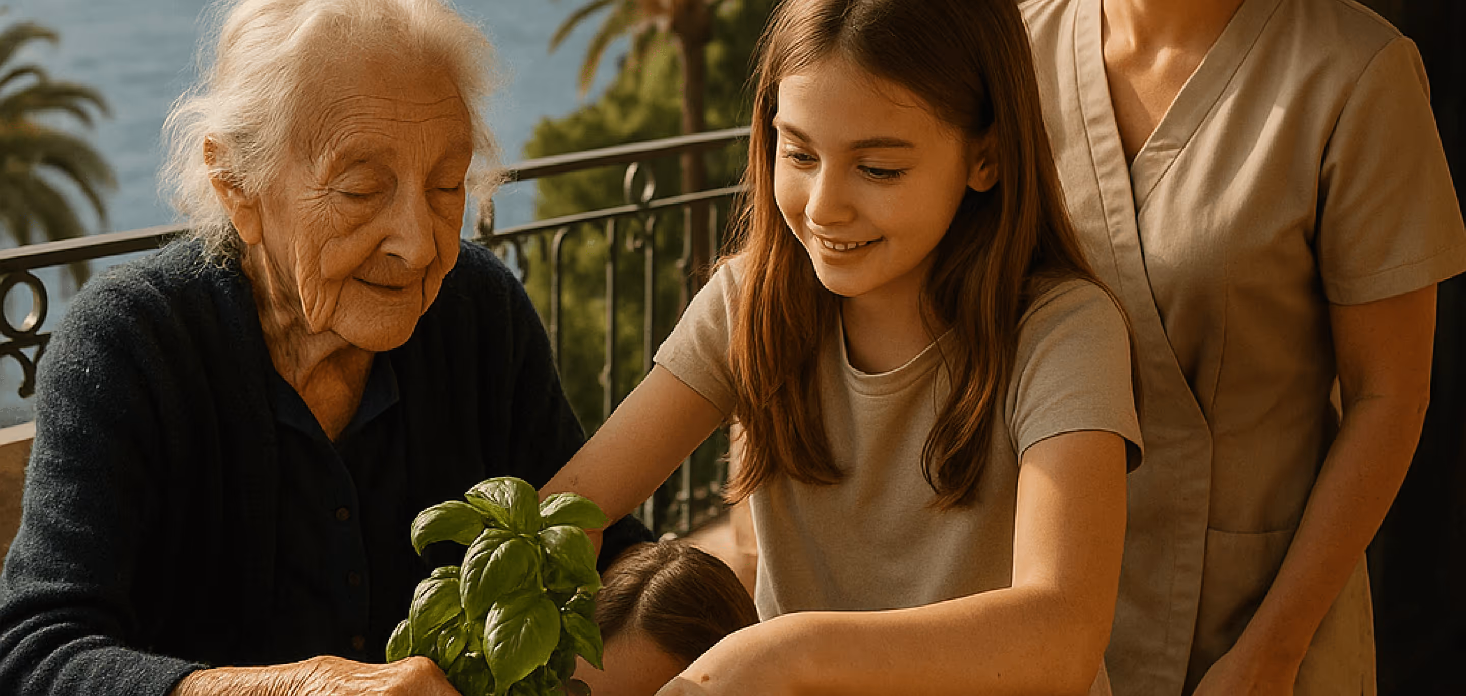 Une femme âgée et une jeune fille souriante s'occupent d'une plante verte, accompagnées d'une personne vêtue d'une blouse beige.