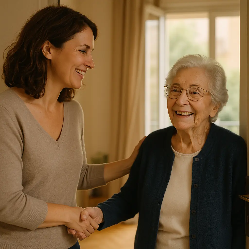 Une femme souriante tenant la main d'une personne âgée souriante dans un intérieur lumineux.