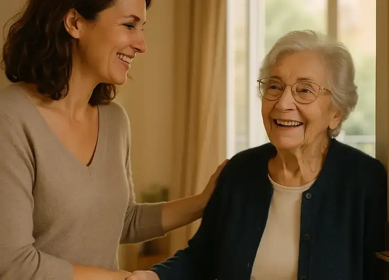 Jeune femme souriante tenant la main d'une personne âgée souriante portant des lunettes et un cardigan.