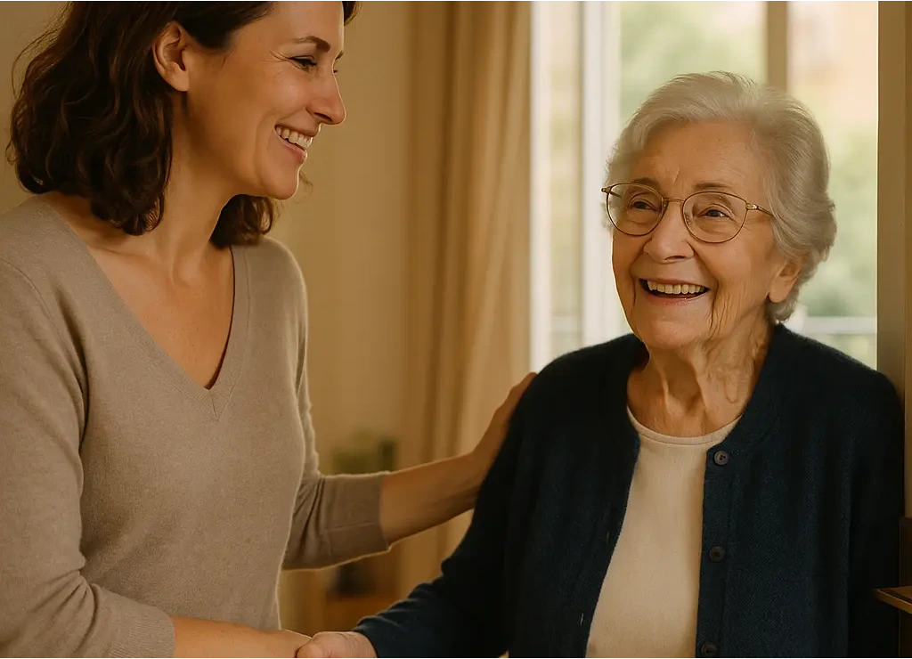 Jeune femme souriante tenant la main d'une personne âgée souriante portant des lunettes et un cardigan.