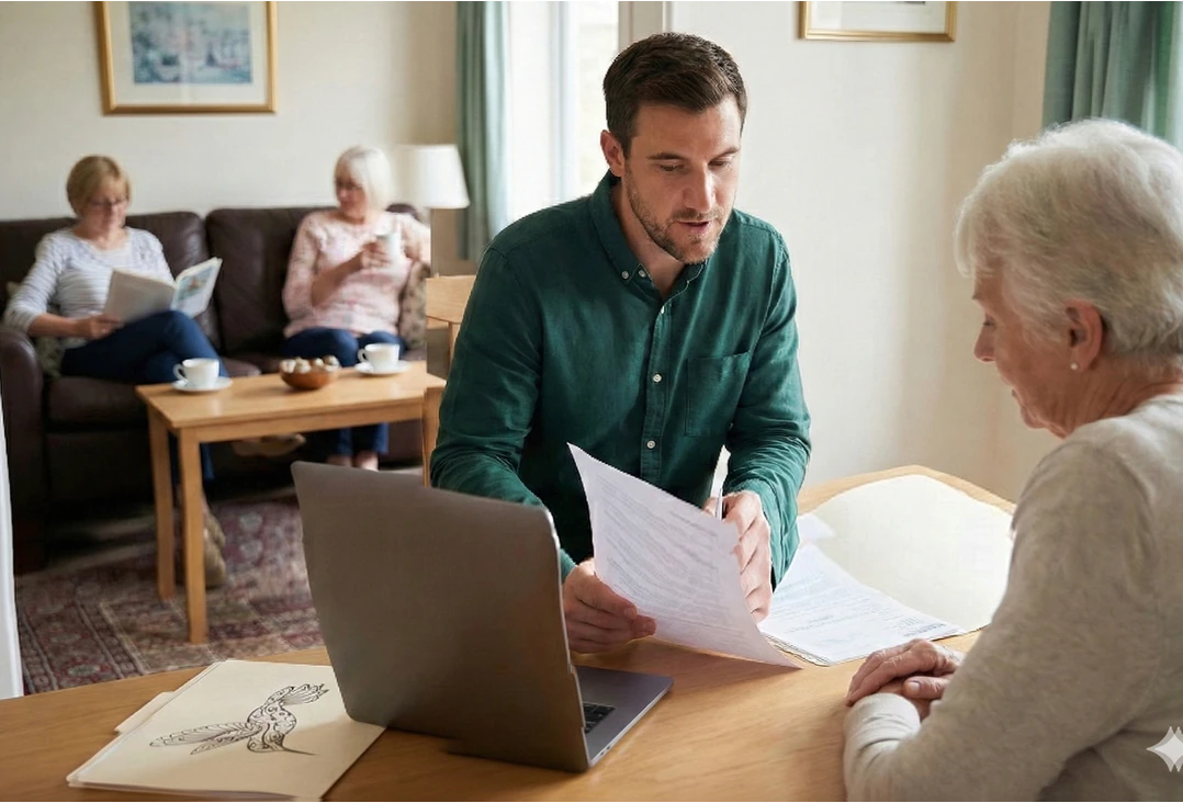 Un homme consulte des documents avec une femme âgée à une table, tandis que deux autres femmes âgées discutent en arrière-plan sur un canapé.