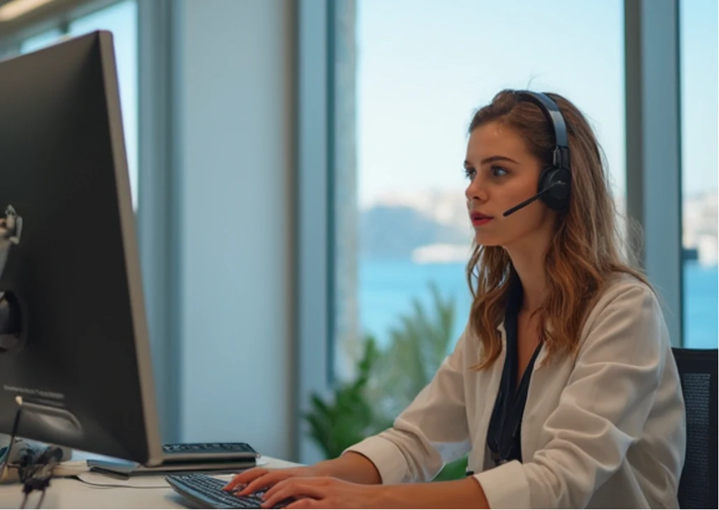 Jeune femme portant un casque avec micro, travaillant devant un ordinateur dans un bureau lumineux avec vue sur mer.