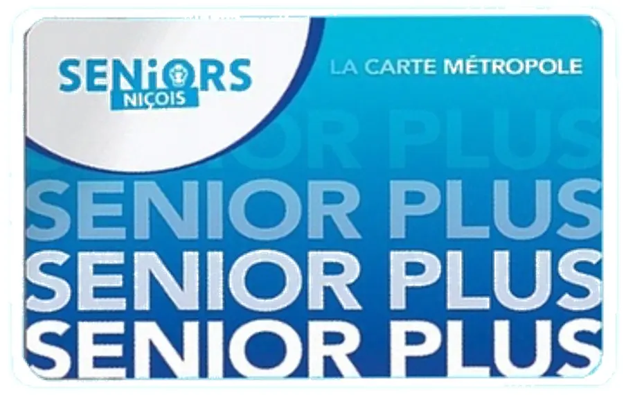 Carte bleue intitulée Senior Plus pour les seniors niçois avec le texte La Carte Métropole.