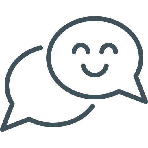 Deux bulles de dialogue, l'une contenant un visage souriant, symbolisant la communication amicale.