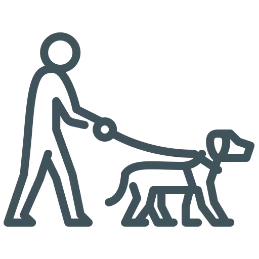 Icône stylisée d'une personne tenant une laisse et promenant un chien.