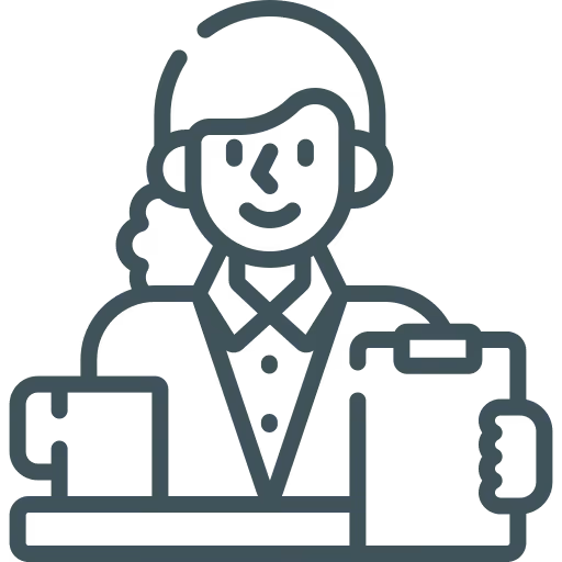 Icône de concierge souriant portant un costume et tenant un porte-documents à côté d'une tasse.