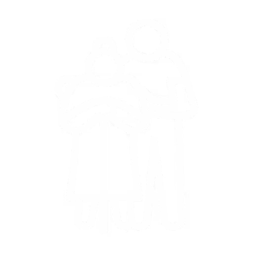 Icône blanche sur fond transparent représentant une personne soutenant une personne âgée avec une canne.