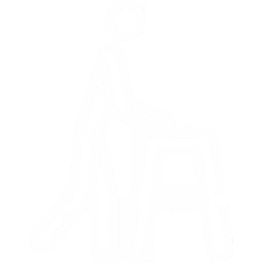 Icône blanche d'une personne utilisant un déambulateur sur fond transparent.