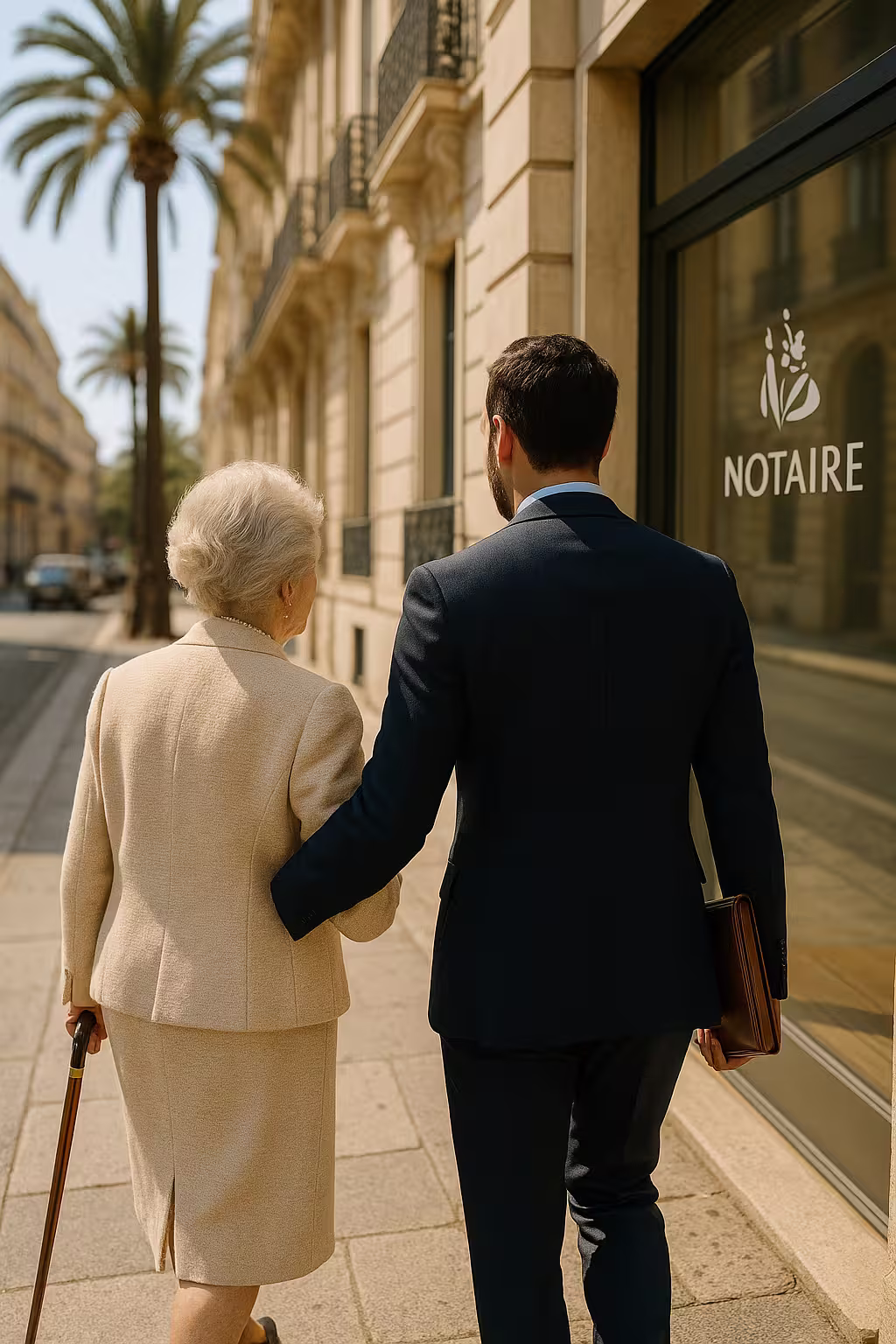 Un homme en costume accompagne une femme âgée avec une canne devant un bureau de notaire en ville.