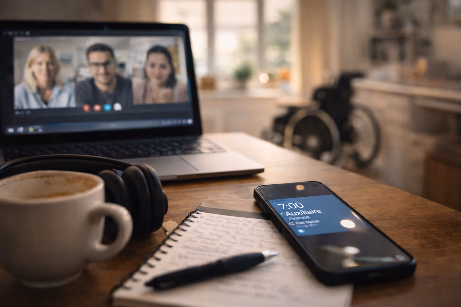 Un bureau avec un ordinateur portable en visioconférence, un téléphone affichant une notification, un carnet de notes avec un stylo, un casque audio et une tasse de café, avec un fauteuil roulant en arrière-plan.