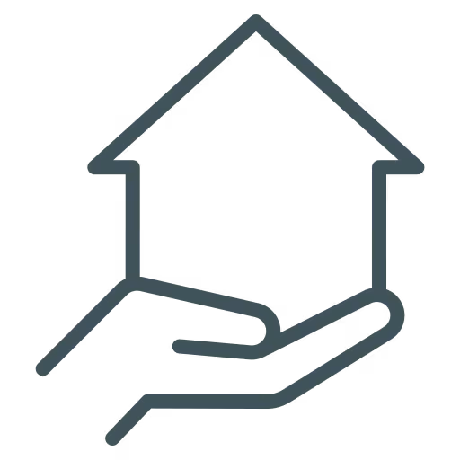 Icône d'une main tenant une maison stylisée, symbole de l'immobilier.