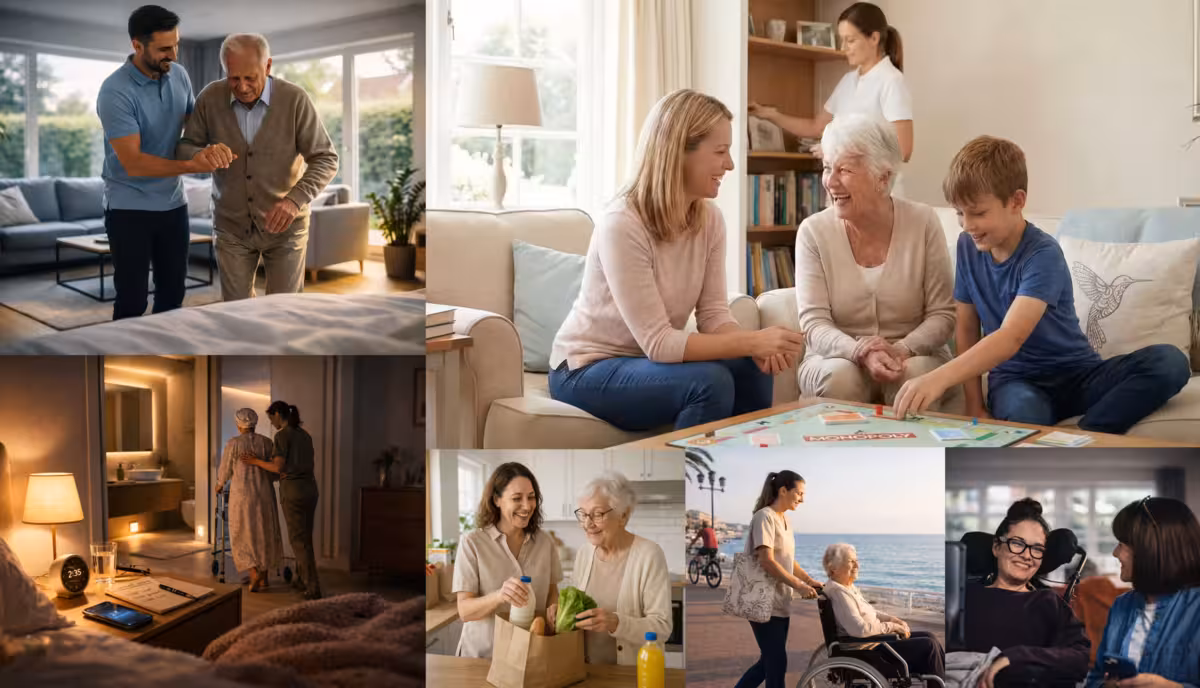 Collage montrant des interactions bienveillantes entre aidants et personnes âgées dans divers contextes de la vie quotidienne.