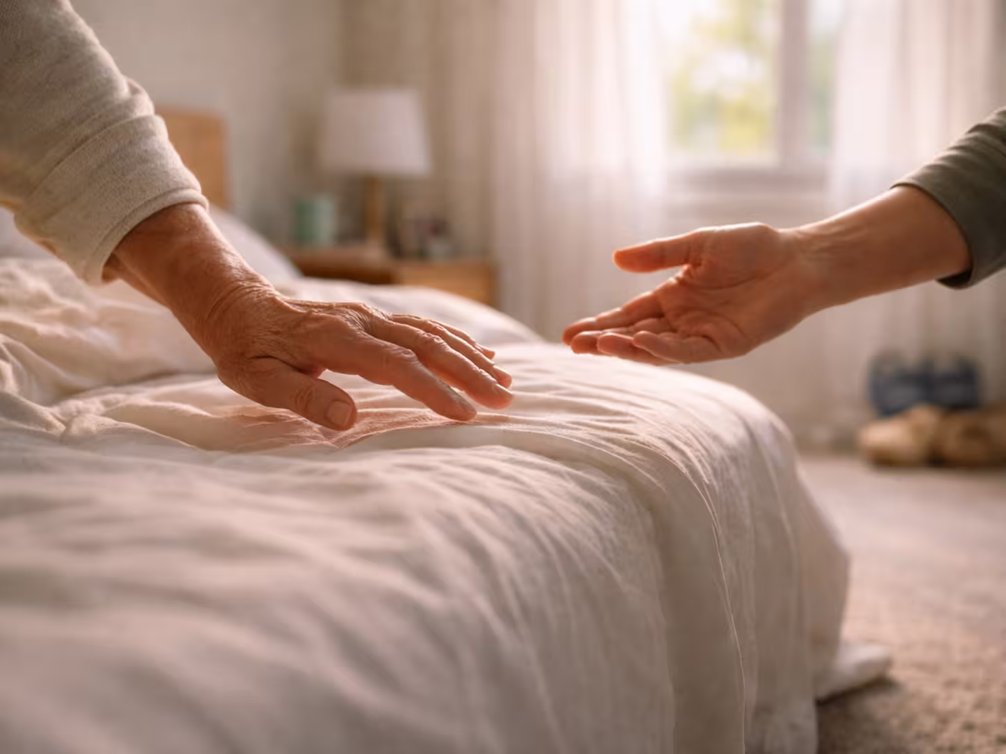 Une main âgée tendue vers une main plus jeune au-dessus d'un lit, symbolisant le soutien et l'aide.