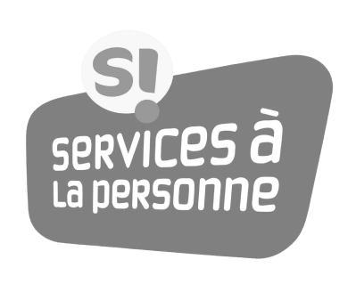 Logo avec la mention 'SI services à la personne' en blanc sur fond gris foncé.