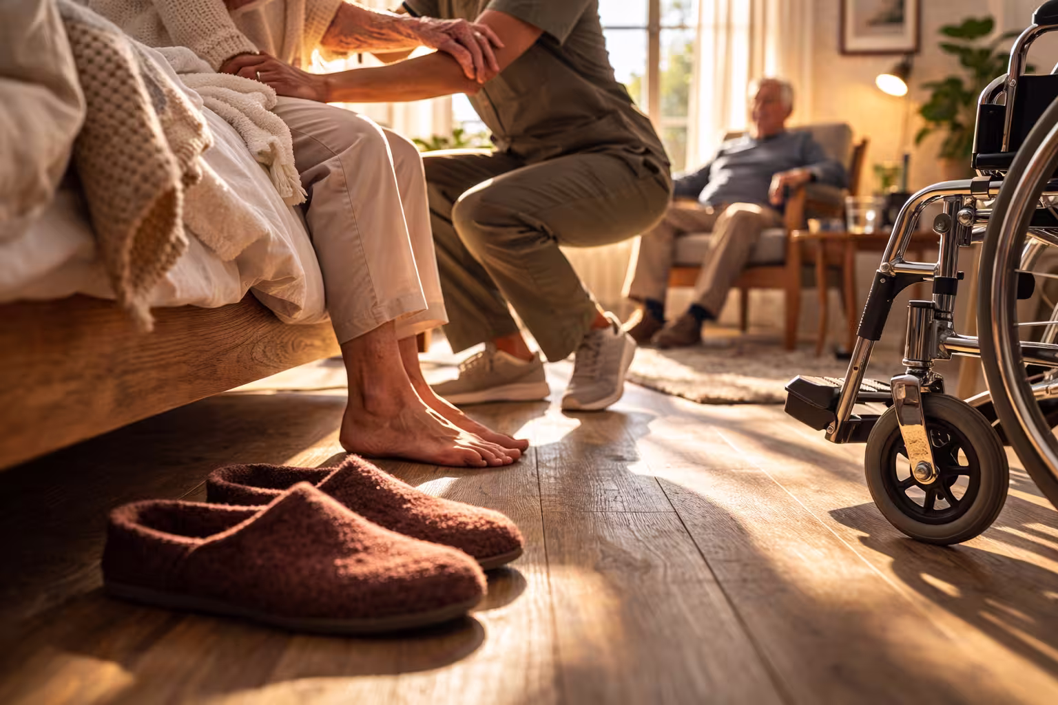 Une aide-soignante aide une personne âgée assise sur un lit à se lever dans une chambre chaleureuse avec un fauteuil et un fauteuil roulant en arrière-plan.