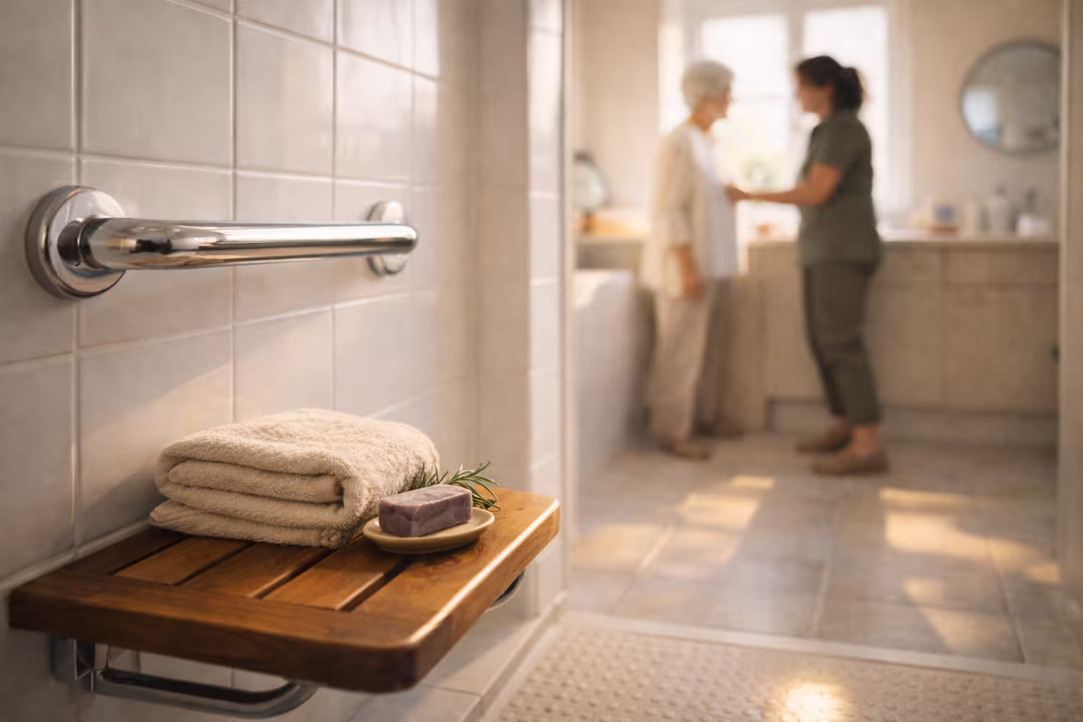 Barre d'appui en métal et siège de douche en bois avec serviette pliée et savon, avec une aide tenant une personne âgée dans une salle de bain éclairée.