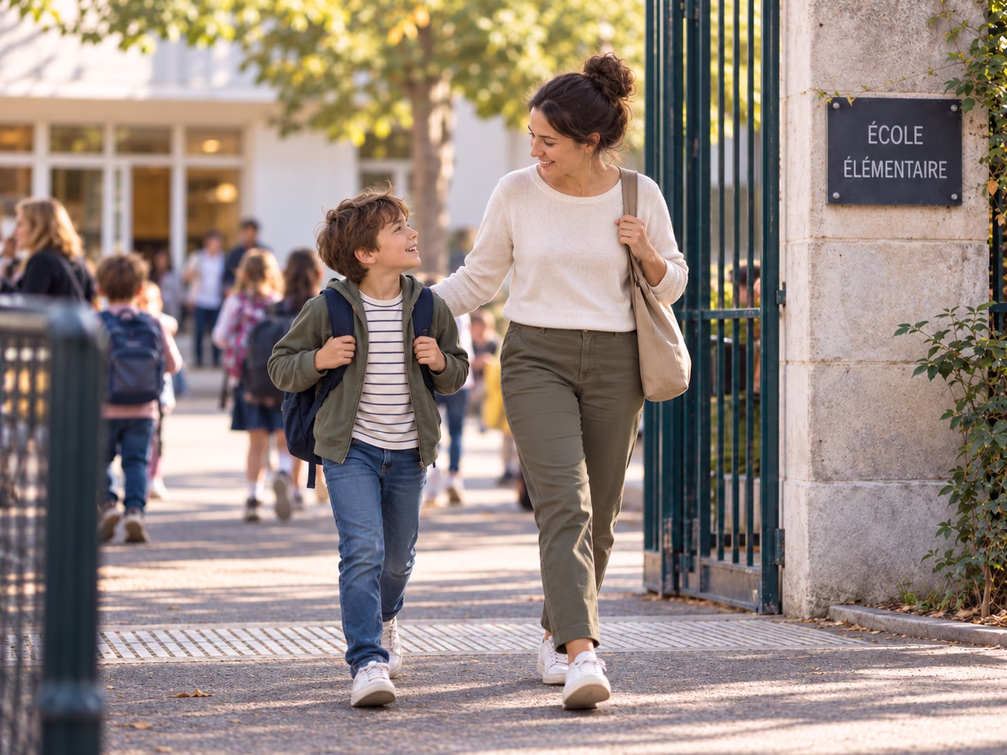 Une aide à domicile va chercher deux enfants à la sortie de l’école.