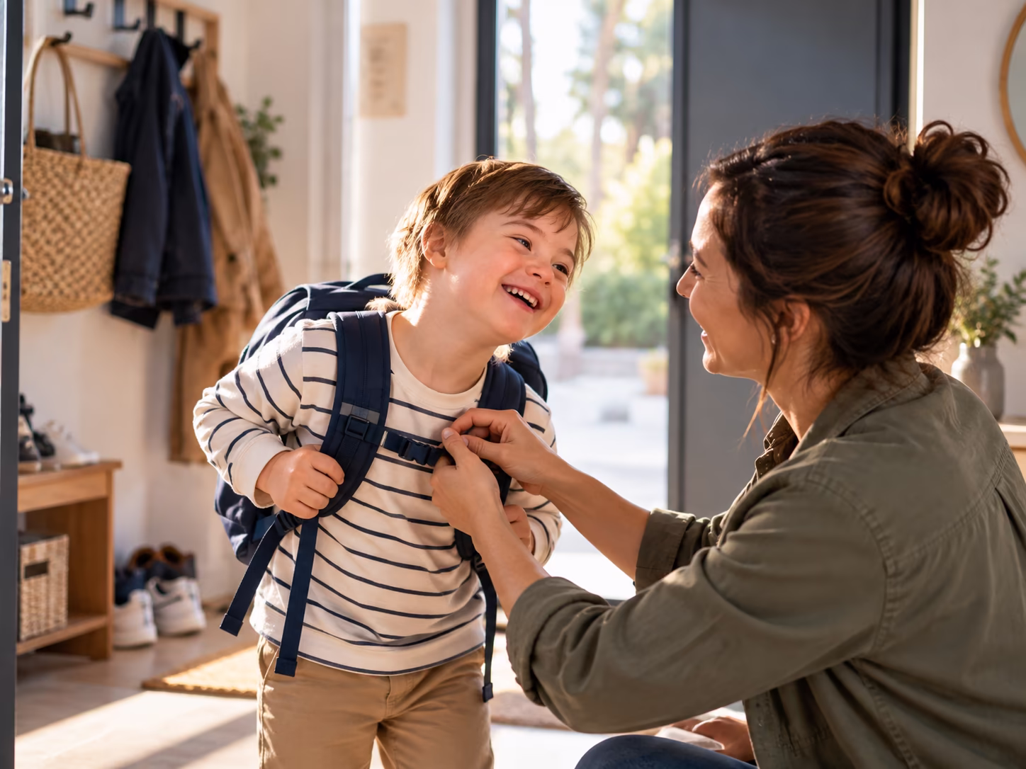 Un enfant en situation de handicap avec son auxiliaire de vie, en fin de journée.