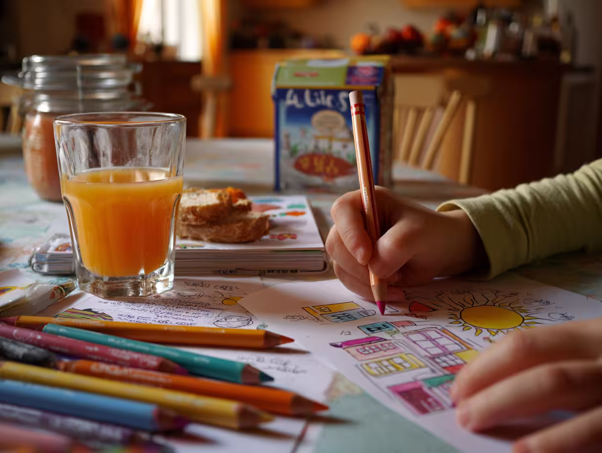 Photo d'une cuisine ou pièce de vie de famille, avec une auxiliaire en train de préparer un repas ou de plier du linge, pendant que les parents jouent ou discutent avec les enfants.
