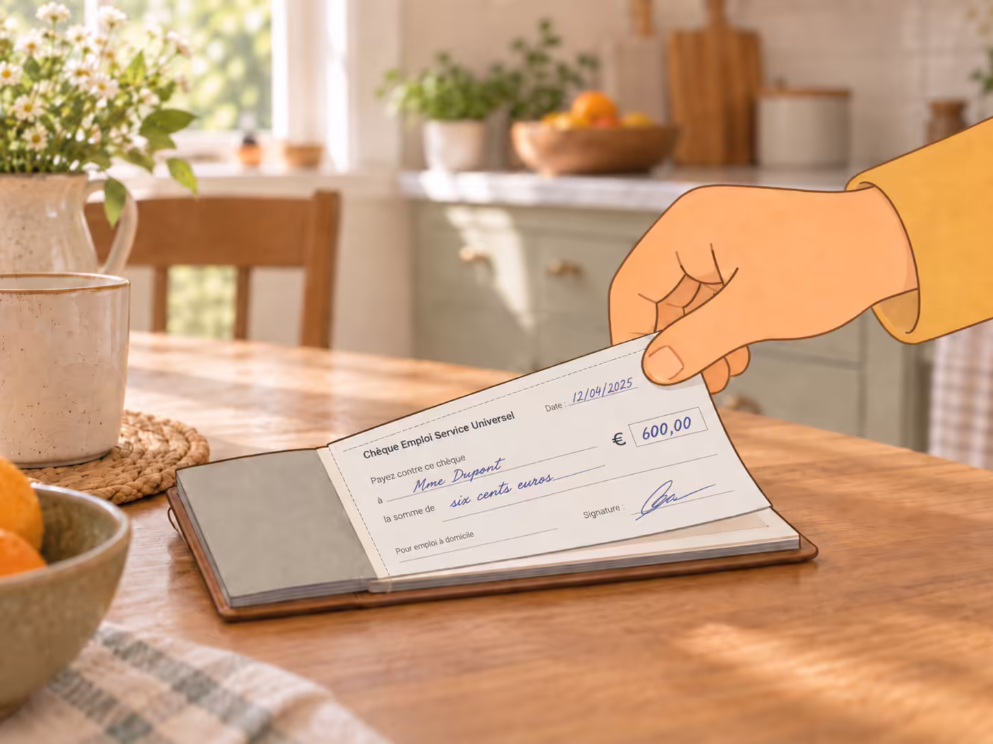 Une main détache un chèque CESU d'un carnet posé sur une table de cuisine