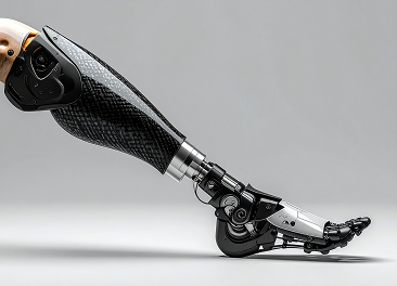 Close-up of a sleek, modern robotic prosthetic leg with a carbon fiber design and metallic articulations on a gray background.
