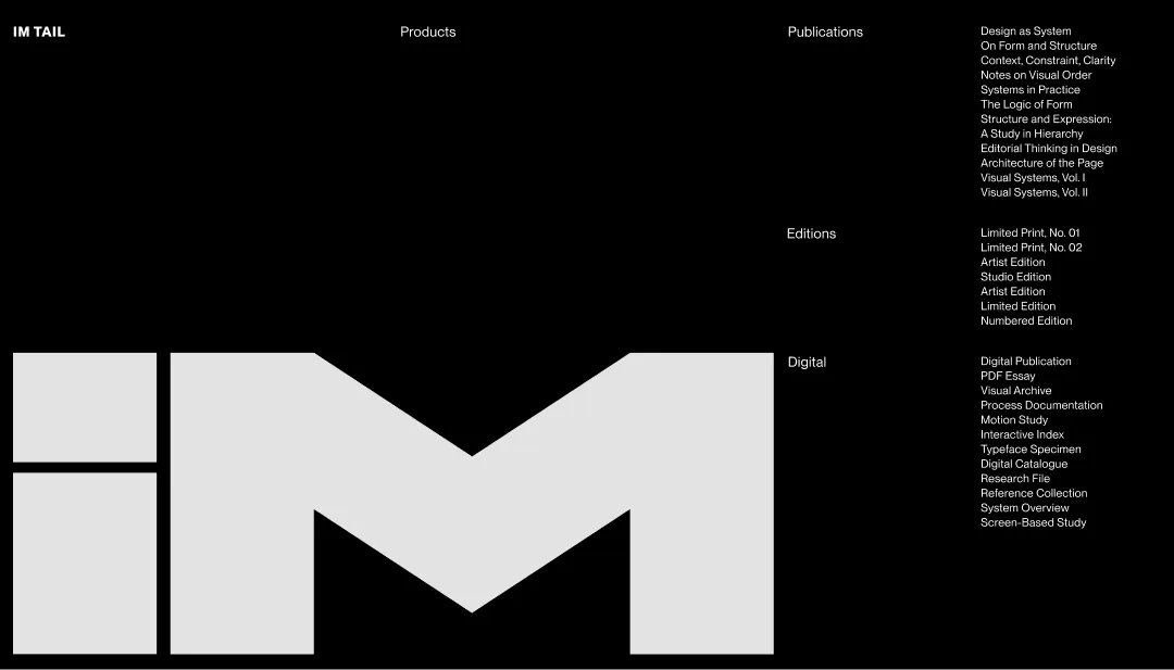 Minimalist publication website with oversized geometric IM letterform and structured navigation menu on black background.
