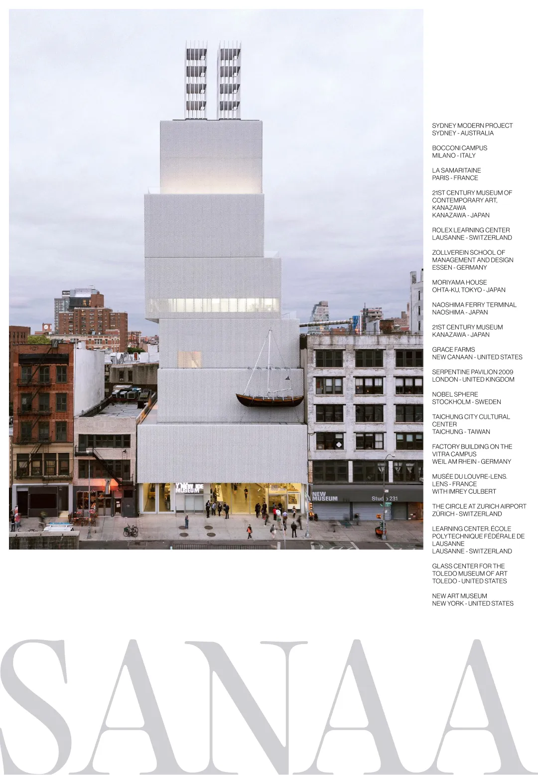 SANAA architecture poster featuring stacked museum building visualization with project list and large serif typography