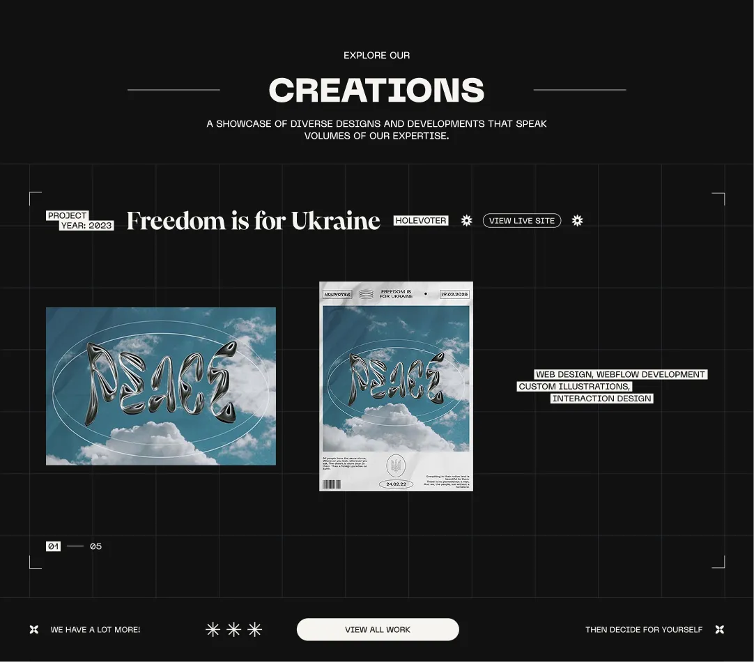 Projects section header with bold "CREATIONS" typography, grid overlay, and project preview on dark background
