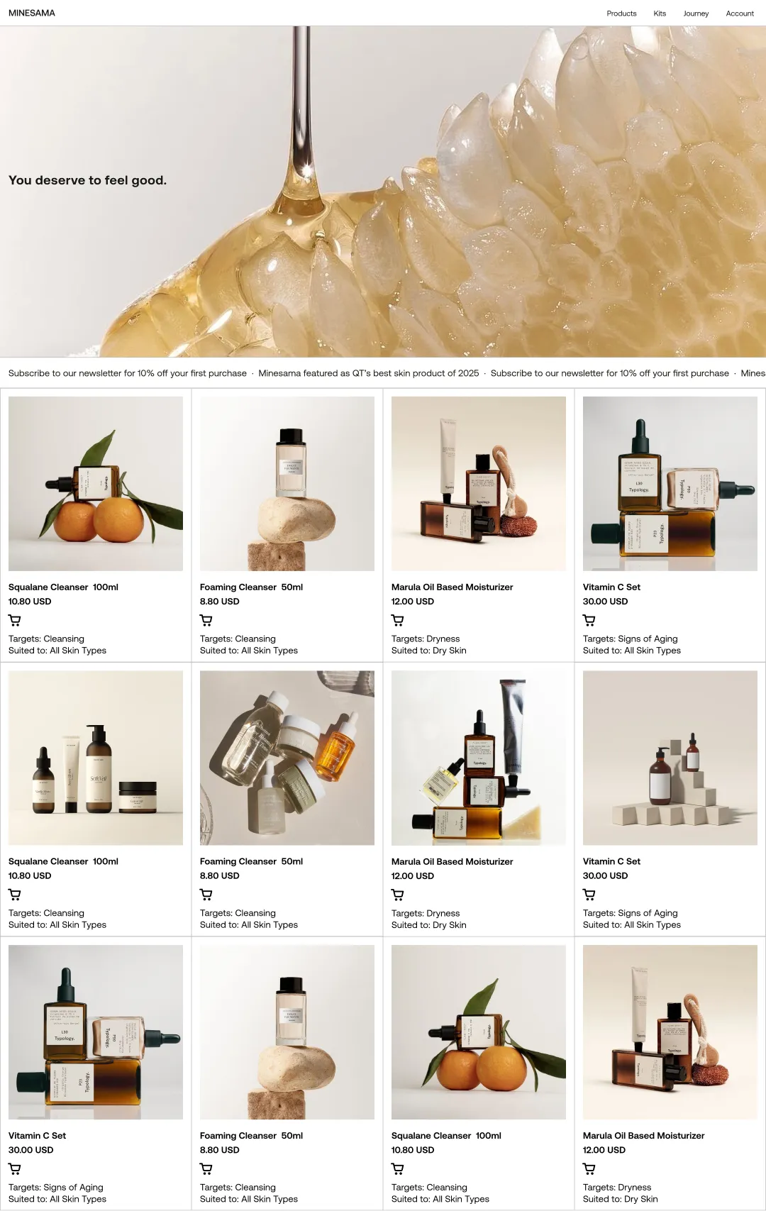 Minesama skincare e-commerce interface with product photography, amber glass bottles, and minimalist beige aesthetic