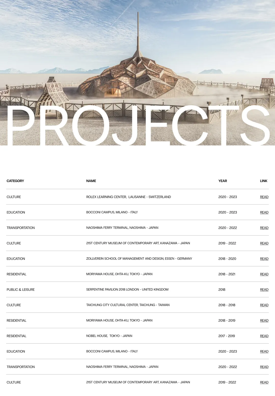 Architecture project archive page with futuristic desert structure hero image and categorized project list table
