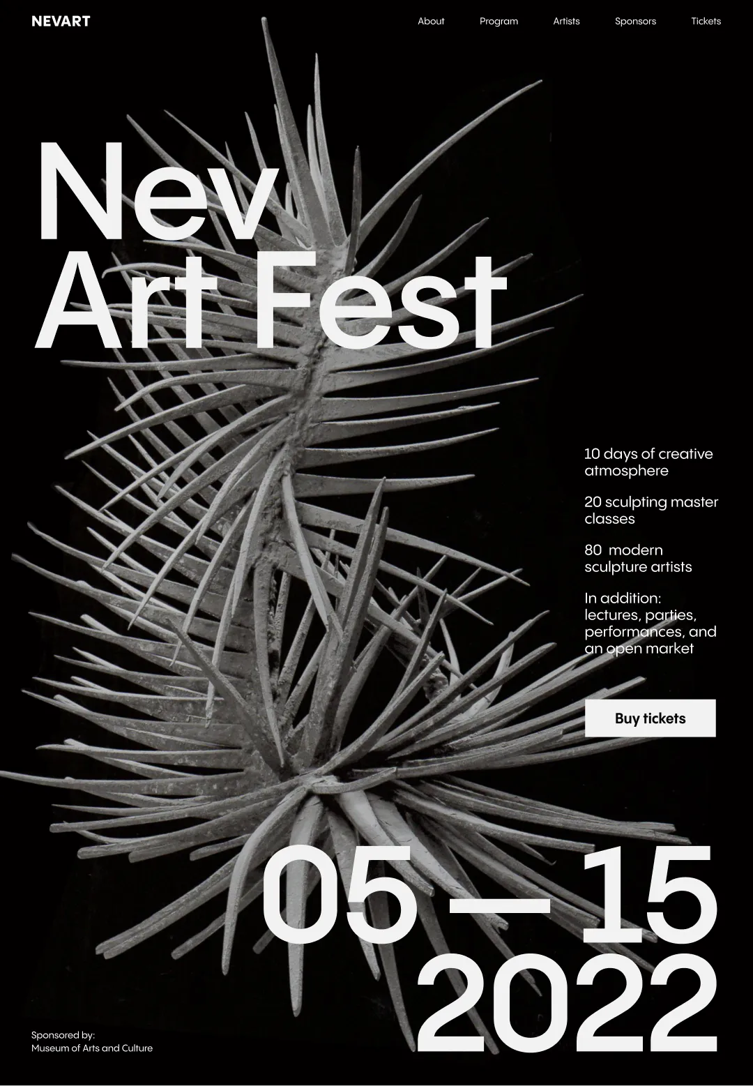 New Art Fest event page with oversized typography layered over palm leaf photography on black background