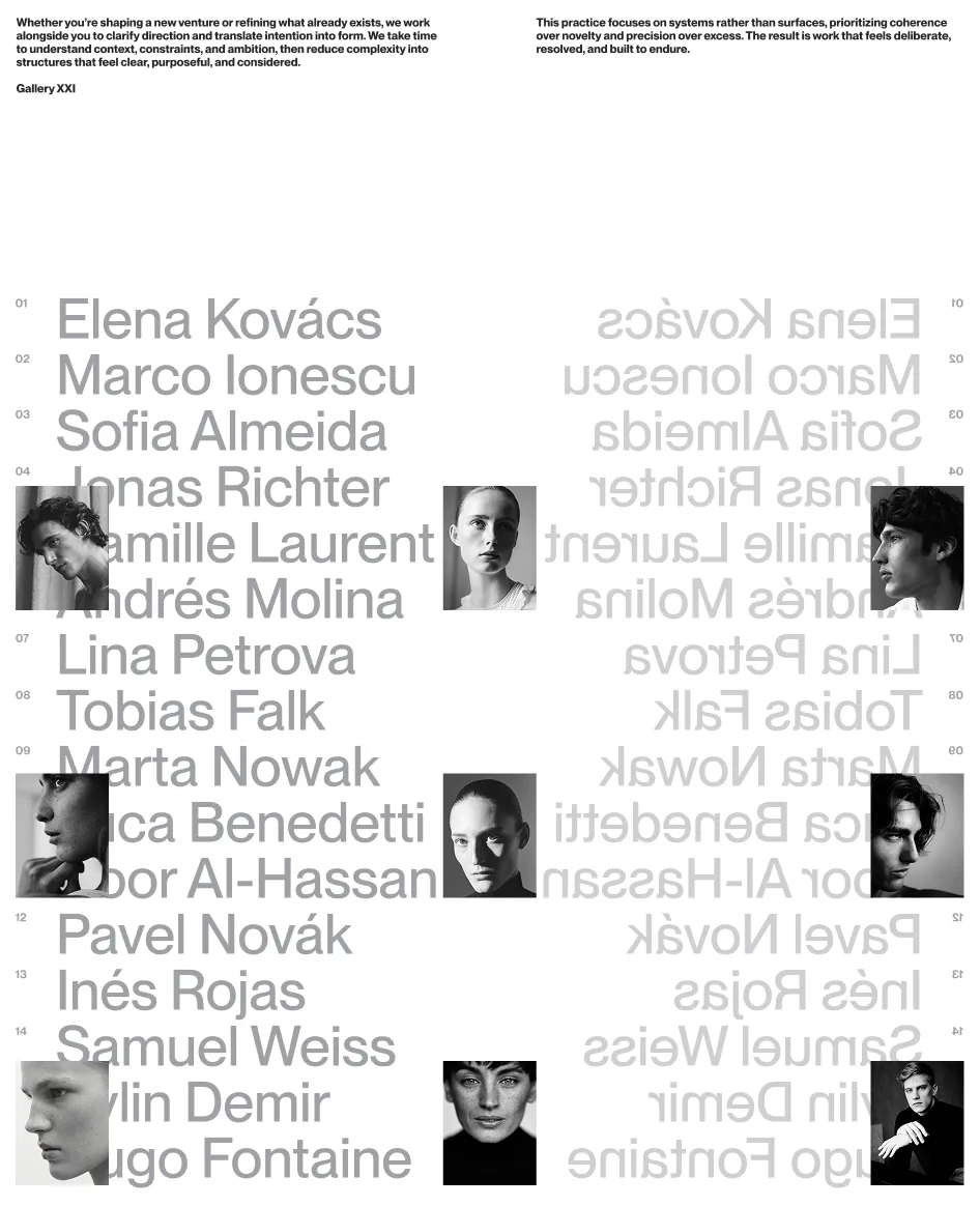 Gallery artist roster page with mirrored typography, black and white portrait photography, and structured numbering system