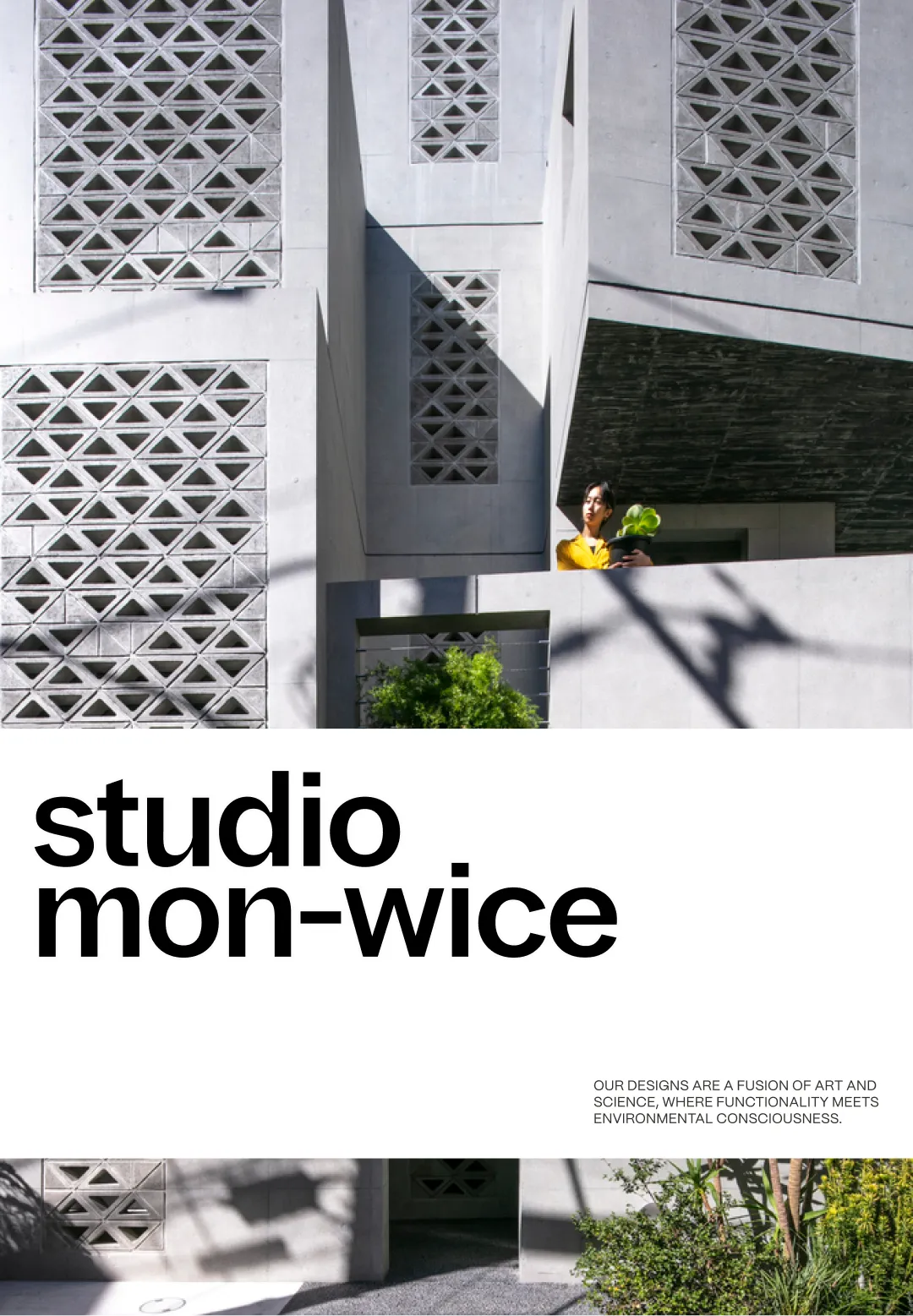 Studio mon-wice architecture homepage featuring geometric concrete facade photography with bold lowercase branding