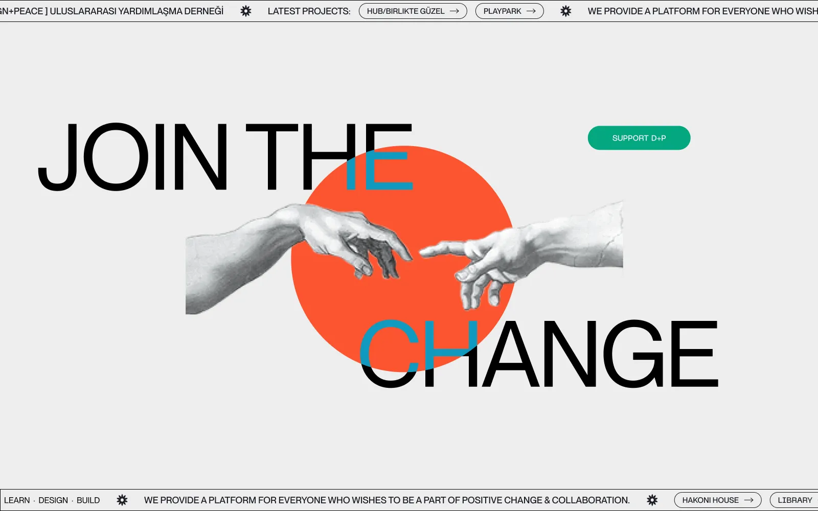 Design + Peace nonprofit website showcasing earthquake relief programs