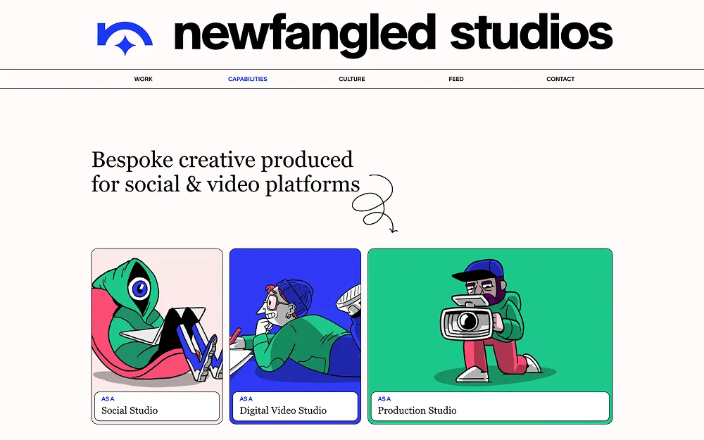Newfangled Studios creative agency website with bold graphics