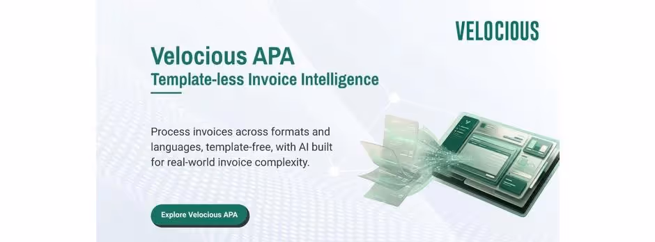 Advertisement for Velocious APA, promoting template-less invoice intelligence with AI to process invoices across formats and languages, with an illustration of digital invoices on a device.