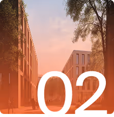 Moderne Gebäude mit Bäumen auf beiden Seiten unter einem rosafarbenen Himmel bei Sonnenuntergang, mit großer weißer Zahl 02 darüber.