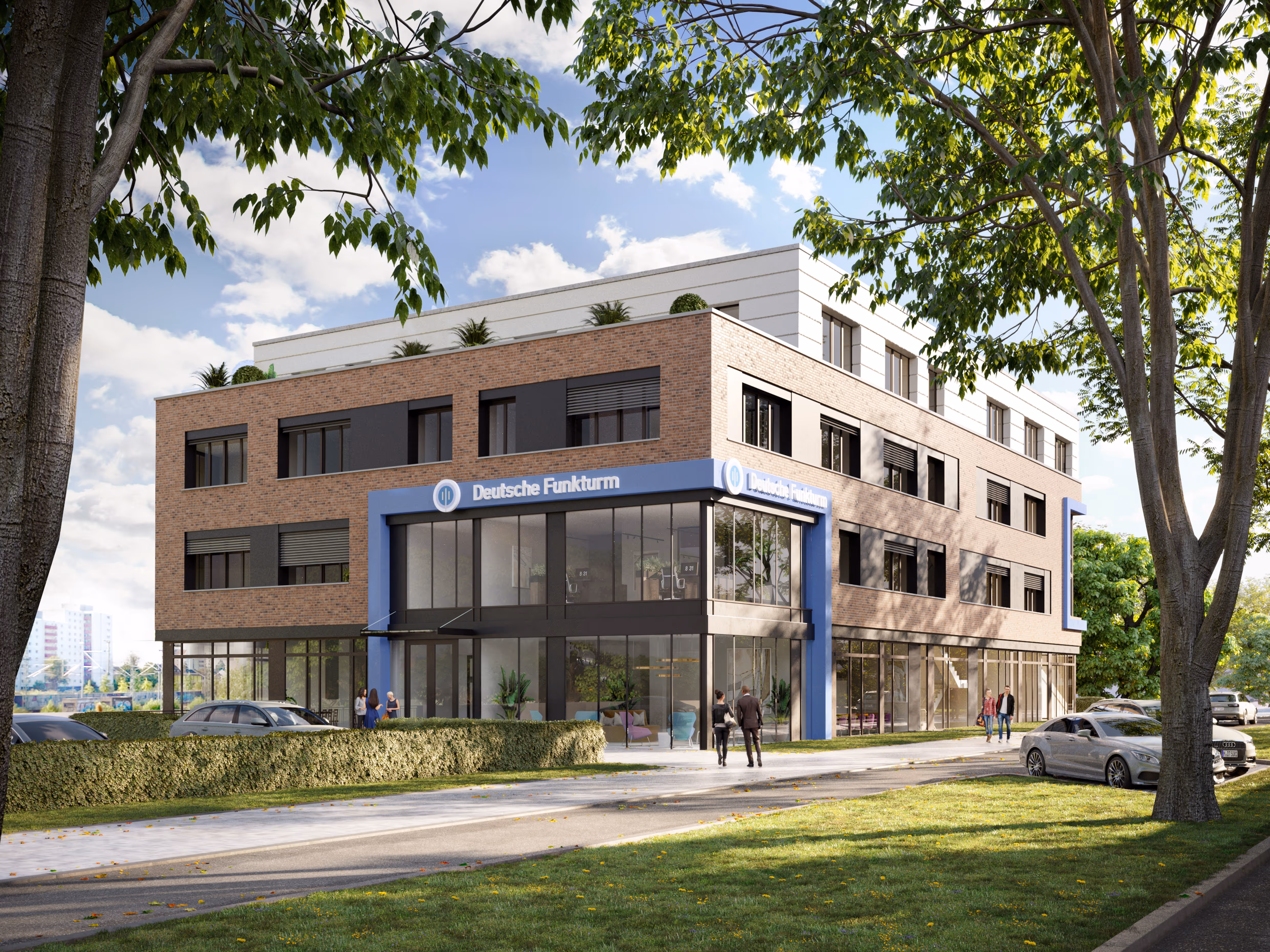 Modernes Bürogebäude mit Backsteinfassade und Glasfront, umgeben von Bäumen und parkenden Autos.