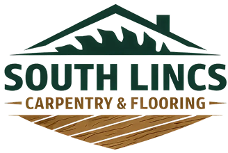Logo for South Lincs Carpentry & Flooring featuring a house roof outline above the company name and wooden floorboards below.