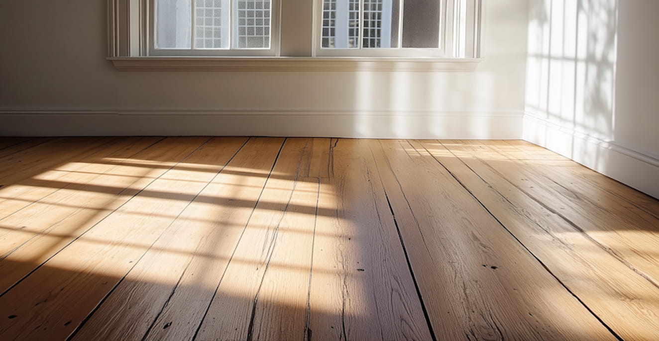 Sunlight casting windowpane shadows on a polished wooden floor in an empty room with a white wall and large windows.